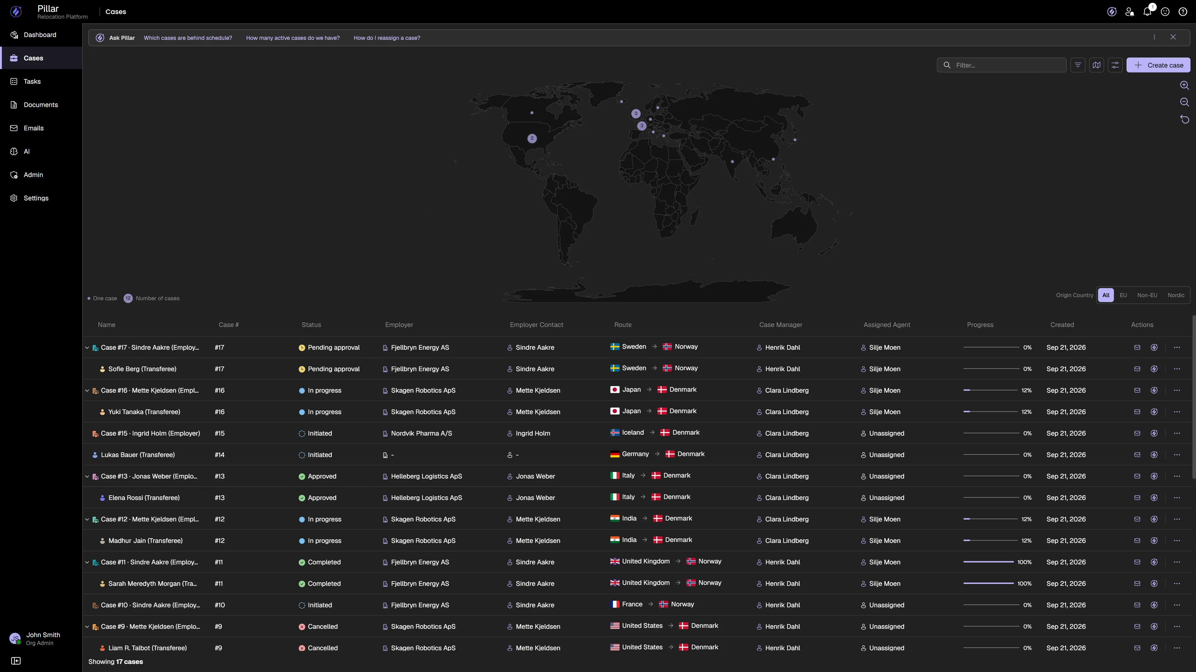 PILLAR case list showing active relocations with route, employer, case manager and progress, over a world map of destinations.