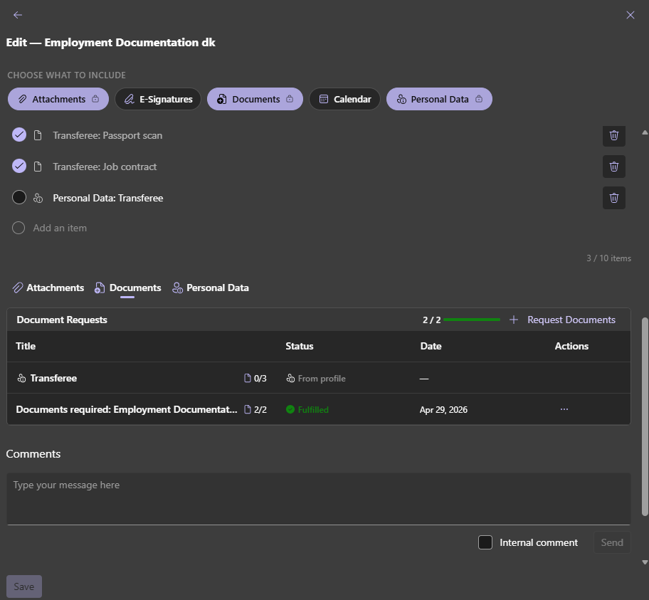 PILLAR document requests — tracking which documents have been uploaded and which are still pending