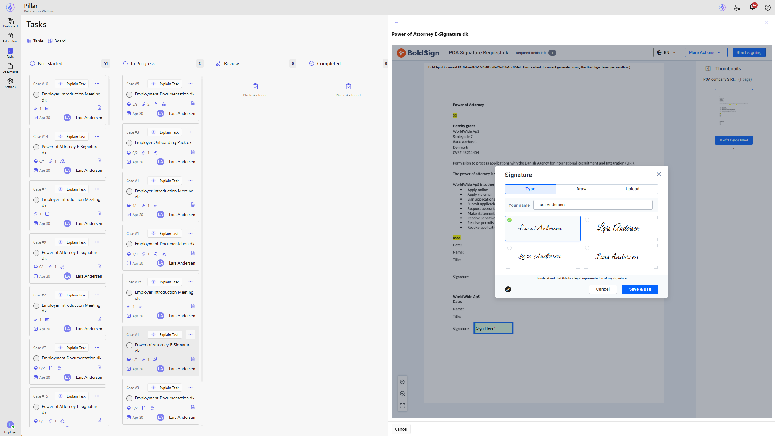 PILLAR e-signatures — sending and tracking signature requests within a relocation case