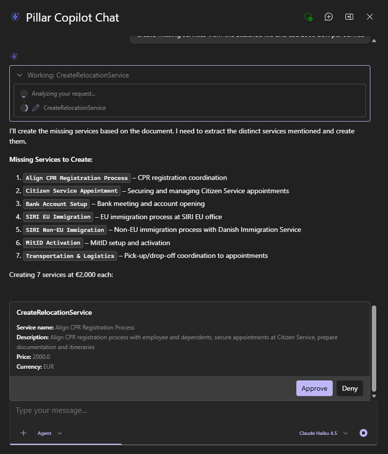 PILLAR Copilot showing action confirmation cards with approve and dismiss options