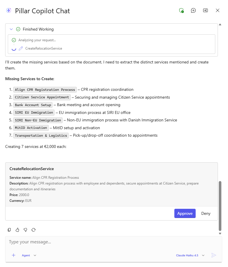 PILLAR Copilot showing action confirmation cards with approve and dismiss options