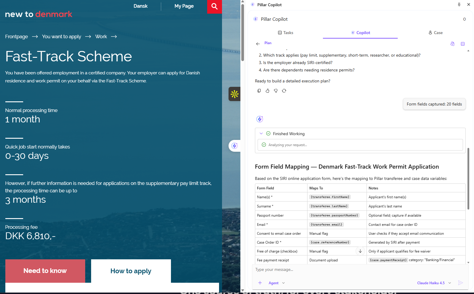 PILLAR Copilot Plan mode showing structured relocation plan with step-by-step execution