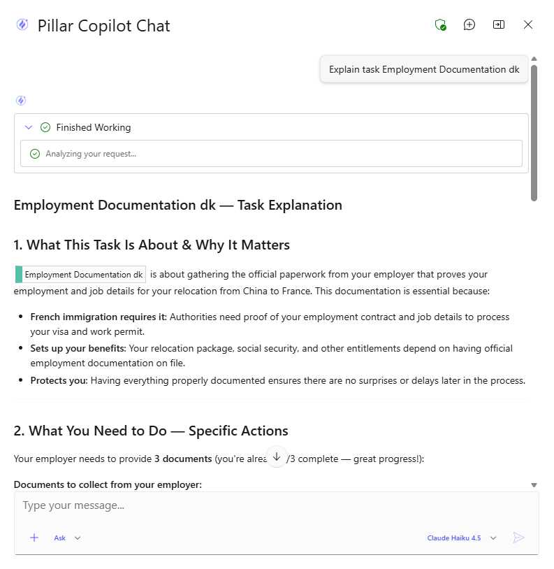 PILLAR Copilot answering a transferee question with structured task and timeline data
